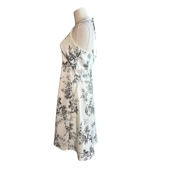 Y2K B Smart Black White Floral Print Halter Sundress V Neck Full Skirt Size 7/8 - Picture 4 of 9